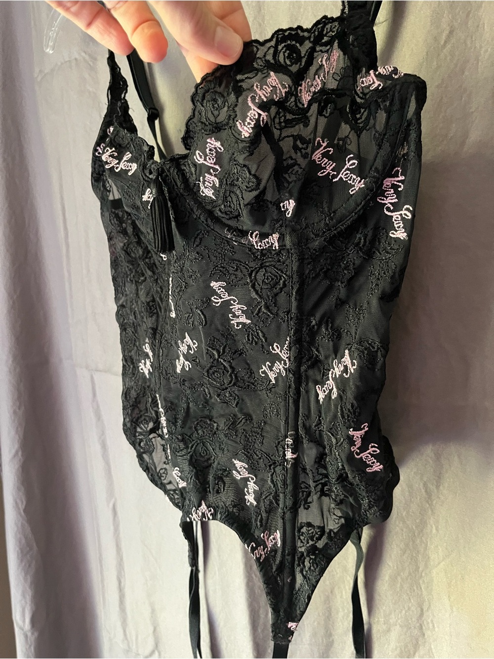 Victoria's Secret Black Lace Garter Bustier Corset with Pink Accents 34B